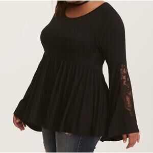 Torrid Black Babydoll Top 1X Lace Bell Sleeve Goth Witchy Tie Back Super Soft